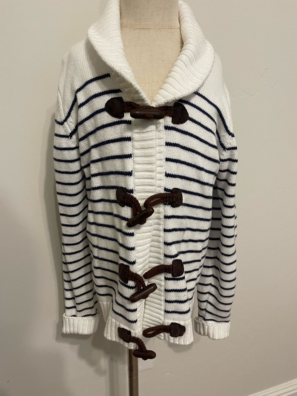 Janie and Jack Boys 8 Ivory Navy Striped Shawl Collar Toggle Cardigan